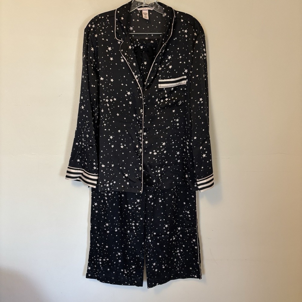 Victoria's Secret Signature Satin Long Pajama Set Black Medium Stars Etherial